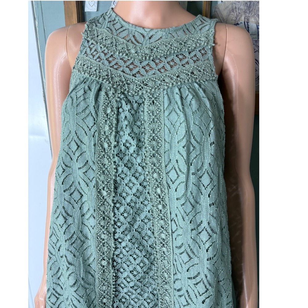 Jolt Sage Green Lace Sleeveless Shift Dress Shimmer Crochet High Neck Small - Picture 1 of 6
